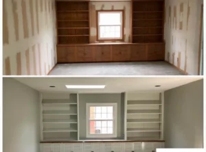 Rénovation intérieure avant et après avec peinture des murs et modernisation d’un espace de travail en Belgique