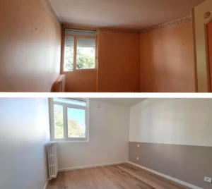 Rénovation intérieure avant et après avec peinture des murs et pose de revêtement de sol en Belgique